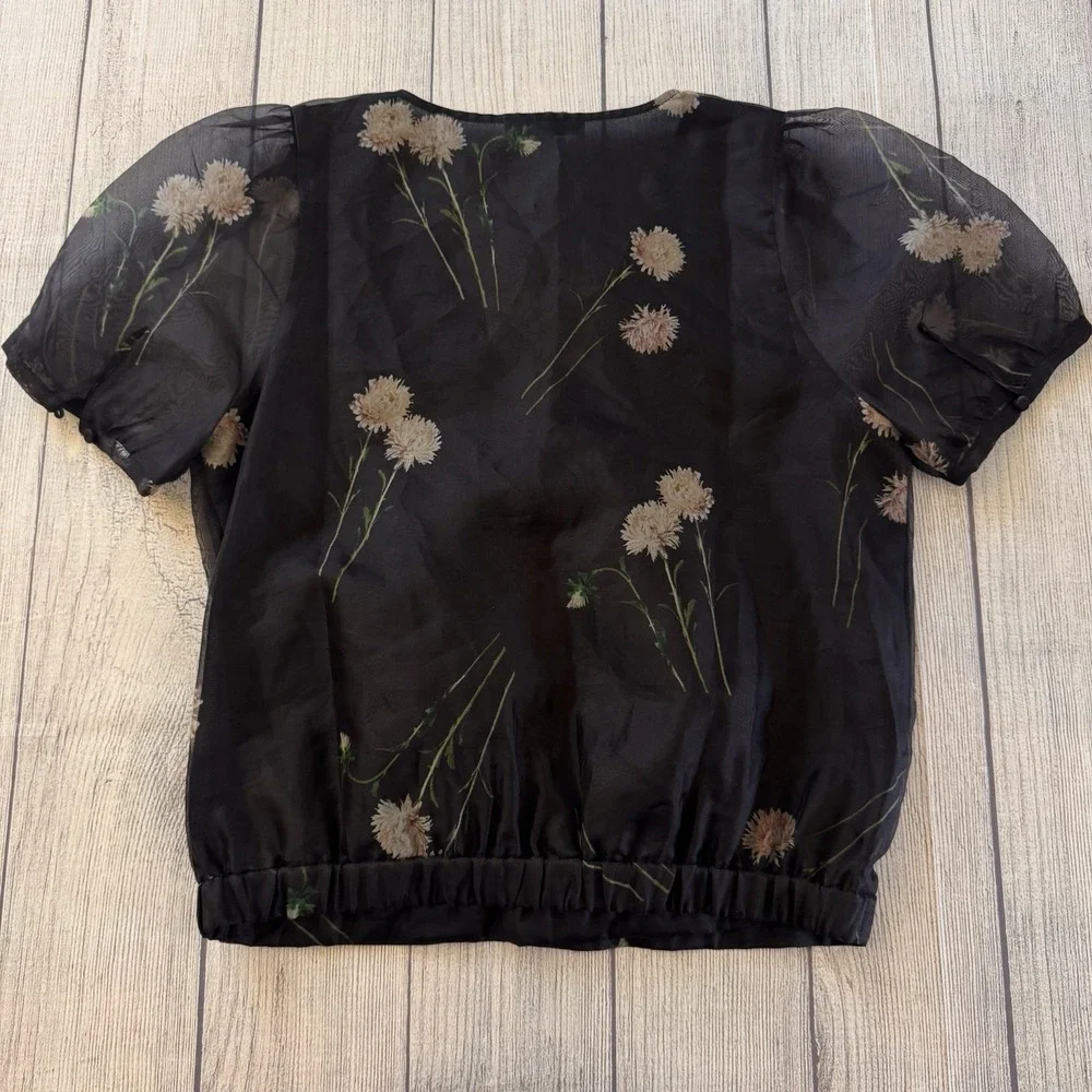 Madewell Silk Organza Puff-Sleeve Wrap Top Aster Portrait Black Women Size XS